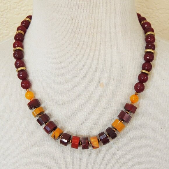 Elegant Burgundy Red & Mustard Yellow Mookaite & Jade Strand Statement Necklace